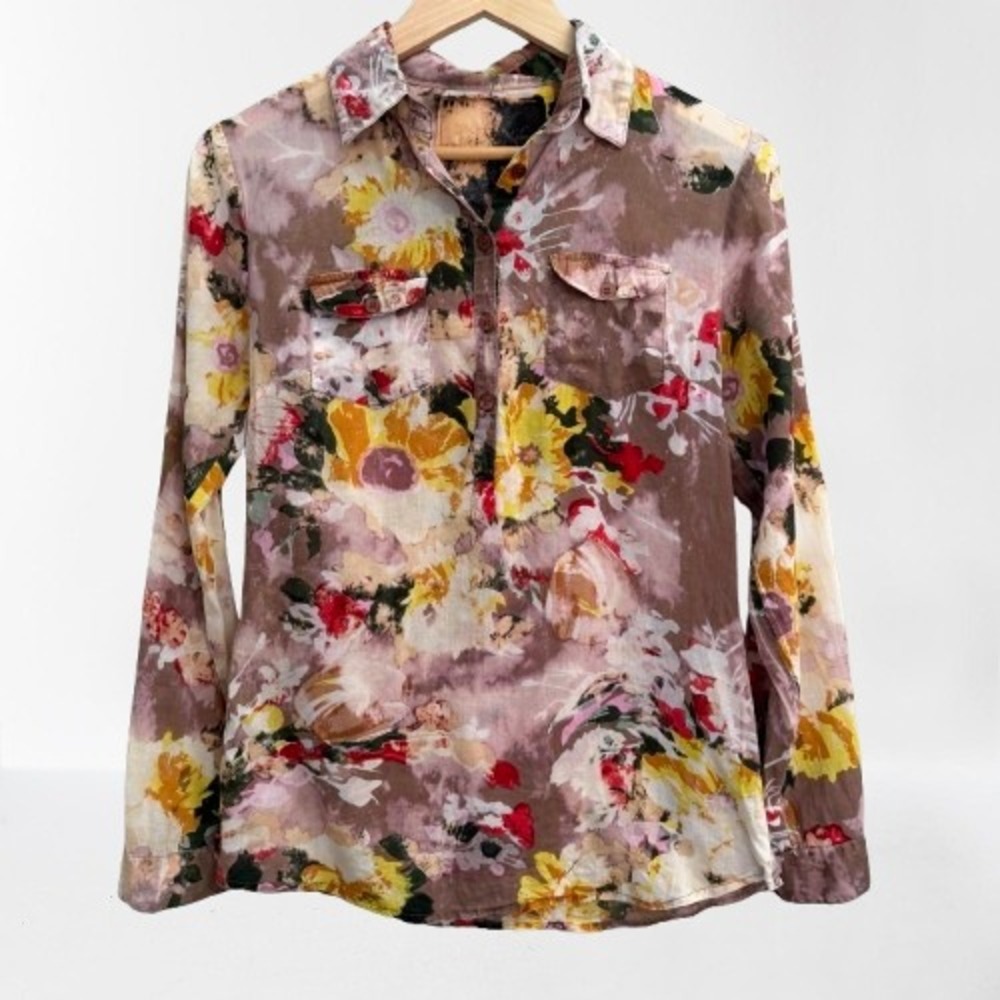 JAKs Floral Cotton Crinkle Popover Button Down Shirt Lightweight‎ Women's Medium